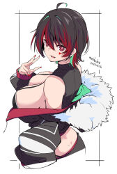 Rule 34 | 1girl, ahoge, artist name, black hair, black jacket, breasts, commentary request, copyright request, dated, facial tattoo, fingernails, fur-trimmed jacket, fur trim, green hair, heart, heart tattoo, highres, jacket, kichihachi, large breasts, looking at viewer, multicolored hair, nail polish, open mouth, red eyes, red hair, red nails, red pupils, short hair, simple background, smile, solo, tattoo, white background