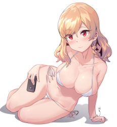 Rule 34 | 1girl, aningay, arm support, bad id, bad twitter id, bikini, blonde hair, blush, bracelet, braid, breasts, cellphone, cleavage, closed mouth, collarbone, gluteal fold, halterneck, jewelry, korean commentary, large breasts, navel, original, phone, red eyes, side-tie bikini bottom, side braid, simple background, sitting, smartphone, smile, solo, string bikini, swimsuit, thigh gap, white background, white bikini, yokozuwari
