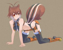 Rule 34 | 1girl, ahoge, all fours, animal ears, arc system works, black thighhighs, blazblue, blazblue: continuum shift, boots, breasts, brown background, brown hair, colored tips, full body, makoto nanaya, medium breasts, multicolored hair, orange eyes, orange skirt, revealing clothes, sakana-mary, short hair, simple background, skirt, solo, squirrel ears, squirrel tail, tail, thighhighs, two-tone hair, underboob, white hair