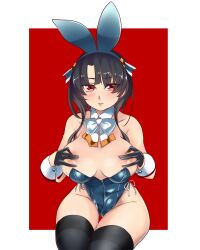 Rule 34 | 1girl, adapted costume, animal ears, areola slip, black gloves, black hair, black thighhighs, blue hairband, blue leotard, blush, breasts, breasts out, covering privates, covering nipples, detached collar, earrings, fake animal ears, gloves, hairband, highleg, highleg leotard, highres, jewelry, kantai collection, large breasts, leotard, looking at viewer, playboy bunny, rabbit ears, red eyes, revision, short hair, short hair with long locks, side-tie leotard, sidelocks, sitting, solo, strapless, strapless leotard, stud earrings, takao (kancolle), thighhighs, udukikosuke