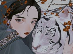 Rule 34 | 1girl, 2022, black hair, branch, chinese zodiac, commentary request, earrings, flower, grey background, grey eyes, happy new year, highres, jewelry, looking at viewer, new year, original, portrait, red flower, solo, tiger, tori no 3046, white tiger, year of the tiger