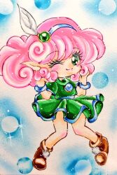 Rule 34 | 1girl, boots, bracelet, chibi, closed mouth, curly hair, eeviai21lhkavo6, fairy, full body, green eyes, green shirt, green skirt, hairband, highres, jewelry, looking at viewer, medium hair, one eye closed, panel de pon, pink hair, shirt, skirt, smile, solo, windy (panel de pon)