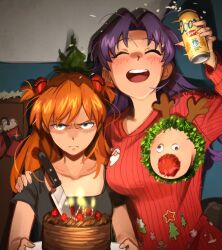 Rule 34 | 2girls, absurdres, angry, black shirt, blue eyes, breast cutout, breasts, cake, can, candle, chocolate cake, closed eyes, commentary, english commentary, female focus, fire, food, fruit, highres, holding, holding can, katsuragi misato, khyle., knife, long hair, medium breasts, multiple girls, neon genesis evangelion, one breast out, open mouth, orange hair, purple hair, red sweater, shirt, small breasts, smile, souryuu asuka langley, strawberry, strawberry cake, sweater