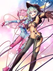 Rule 34 | 2girls, :d, adapted costume, artist request, bodysuit, breasts, check artist, cluseller, commentary request, commission, cosplay, evangelion: 2.0 you can (not) advance, gensou shoujo taisen, green eyes, green hair, hairband, half-closed eyes, hat, headgear, highres, holding hands, impossible bodysuit, impossible clothes, komeiji koishi, komeiji satori, looking at viewer, medium breasts, medium hair, multiple girls, neon genesis evangelion, open mouth, pilot suit, pink-tinted eyewear, pink eyes, pink hair, plugsuit, rebuild of evangelion, second-party source, shiny clothes, siblings, sisters, skin tight, smile, souryuu asuka langley, souryuu asuka langley (cosplay), super robot wars, super robot wars original generation, teeth, test plugsuit, third eye, tinted eyewear, touhou, upper teeth only, visor