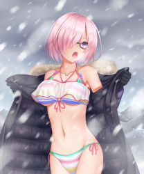 Rule 34 | 1girl, bare shoulders, bikini, black-framed eyewear, black coat, black gloves, breasts, cleavage, coat, collarbone, commentary request, cowboy shot, fate/grand order, fate (series), front-tie bikini top, front-tie top, fur-trimmed coat, fur trim, glasses, gloves, grey sky, groin, hair between eyes, hair over one eye, halterneck, highres, large breasts, looking to the side, mash kyrielight, mash kyrielight (swimsuit of perpetual summer ver.02), midriff, mountainous horizon, multicolored bikini, multicolored clothes, navel, official alternate costume, open mouth, outdoors, pink hair, puffer coat, purple eyes, rainbow bikini, see-through, short hair, side-tie bikini bottom, sidelocks, sky, snowing, solo, standing, striped bikini, striped clothes, sweat, swimsuit, undressing, winter, winter clothes, winter coat, yukishiba yanagi