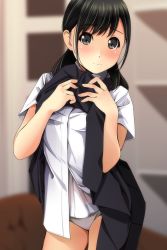 Rule 34 | 1girl, black eyes, black hair, black skirt, blurry, blurry background, blush, closed mouth, clothes lift, commentary request, depth of field, grey panties, head tilt, highres, indoors, lifted by self, long hair, looking at viewer, matsunaga kouyou, nose blush, original, panties, pleated skirt, see-through, shirt, short sleeves, skirt, skirt lift, solo, standing, underwear, white shirt