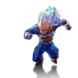 Rule 34 | 10s, 1boy, armor, blue eyes, blue hair, boots, clenched hand, dragon ball, dragon ball super, dragonball z, fighting stance, frown, gloves, highres, looking away, male focus, outstretched arms, serious, shaded face, shadow, short hair, simple background, solo, spiked hair, super saiyan, super saiyan blue, supobi, vegeta, white background