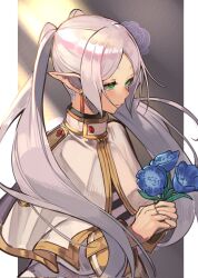 Rule 34 | 1girl, alwaysregg, capelet, closed mouth, earrings, elf, frieren, green eyes, highres, holding, jewelry, long hair, outside border, parted bangs, pointy ears, solo, sousou no frieren, white hair