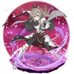 Rule 34 | 1girl, armor, armored boots, black bow, black pants, boots, bow, breastplate, cape, character request, eydis (sao), faulds, faux figurine, floating hair, full body, grey cape, grey hair, hair between eyes, hair bow, high ponytail, highres, holding, holding sword, holding weapon, knee boots, long hair, looking at viewer, official art, pants, pauldrons, red eyes, shoulder armor, solo, stance, standing, sword, sword art online, sword art online: memory defrag, transparent background, v-shaped eyebrows, very long hair, weapon, white footwear
