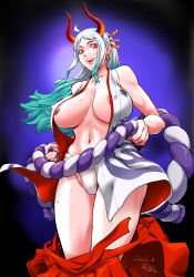 Rule 34 | 1girl, 2022, bare legs, bare shoulders, breasts, curled horns, curvy, dated, earrings, fundoshi, gradient background, gradient hair, green hair, hair ornament, hair stick, hakama, high ponytail, highres, horns, japanese clothes, jewelry, kon-kit, large breasts, lips, long hair, multicolored hair, multicolored horns, navel, nipples, one piece, oni horns, open clothes, red horns, rope, shimenawa, simple background, sleeveless, smile, solo, sweat, undressing, white hair, wide hips, yamato (one piece)