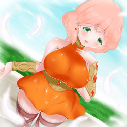 Rule 34 | 1990s (style), 1girl, absurdres, blush, breasts, final fantasy, final fantasy v, green eyes, highres, large breasts, lenna charlotte tycoon, open mouth, orange shirt, pink hair, ryukishi, shirt, short hair, smile, solo