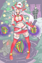 Rule 34 | 1girl, alternate costume, alternate hairstyle, antlers, blush, boots, bow, breasts, brooch, candy, candy cane, character doll, christmas, christmas ornaments, christmas tree, cleavage, cleavage cutout, clothing cutout, crop top, curtains, elbow gloves, fake horns, fingerless gloves, floating, food, food-themed hair ornament, forehead jewel, forehead protector, full body, fur trim, garter straps, gem, gift, gloves, hair ornament, hair up, hand on own hip, head tilt, high heel boots, high heels, high ponytail, highres, holding, horned headwear, horns, indoors, jewelry, large breasts, league of legends, light smile, long hair, looking at viewer, low-tied long hair, midriff, miniskirt, navel, night, one eye closed, pencil skirt, ponytail, purple eyes, purple hair, red gloves, red thighhighs, ribbon, riot games, santa costume, short sleeves, sidelocks, skirt, smile, solo, standing, striped, stuffed toy, syndra, taut clothes, telekinesis, thigh boots, thighhighs, tree, trombe, very long hair, white hair, wide hips, window, wink, zed (league of legends), zettai ryouiki