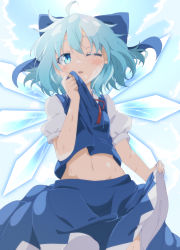 Rule 34 | 1girl, ;o, ahoge, blue bow, blue eyes, blue shirt, blue skirt, bow, cirno, clothes lift, cowboy shot, do (4-rt), groin, hair bow, highres, ice, ice wings, lifting own clothes, looking at viewer, midriff, navel, one eye closed, open mouth, puffy short sleeves, puffy sleeves, shirt, shirt lift, short sleeves, skirt, skirt lift, solo, standing, touhou, white background, wings