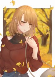 Rule 34 | 1girl, autumn, autumn leaves, bag, blonde hair, closed mouth, clothing cutout, falling leaves, forest, ginkgo leaf, hand up, highres, isshiki iroha, leaf, light (lightpicture33), looking down, medium hair, nature, red sweater, shoulder bag, shoulder cutout, solo, sweater, turtleneck, turtleneck sweater, upper body, yahari ore no seishun lovecome wa machigatteiru., yellow eyes