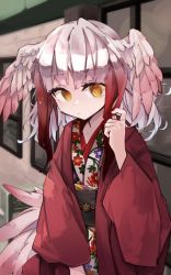 Rule 34 | 1girl, alternate costume, bird girl, bird tail, bird wings, blush, commentary request, floral print, head wings, highres, jacket, japanese clothes, japanese crested ibis (kemono friends), kemono friends, kimono, long sleeves, multicolored hair, nanana (nanana iz), red hair, red jacket, short hair, sidelocks, solo, tail, white hair, wings, yellow eyes