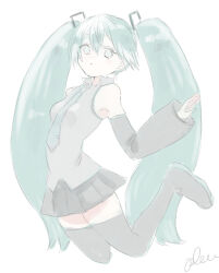 Rule 34 | 1girl, aqua hair, artist name, bare shoulders, black skirt, black sleeves, black thighhighs, blue eyes, blue necktie, breasts, collared shirt, commentary, detached sleeves, full body, grey shirt, hair between eyes, hatsune miku, highres, long hair, miniskirt, necktie, no pupils, pleated skirt, plum0o0, shirt, signature, simple background, skirt, small breasts, solo, thighhighs, twintails, very long hair, vocaloid, white background, zettai ryouiki