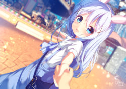 Rule 34 | 1girl, :d, amusement park, animal ears, blue bow, blue eyes, blue hair, blue skirt, blurry, blurry background, blush, bow, chinomaron, commentary request, depth of field, fake animal ears, gochuumon wa usagi desu ka?, hair between eyes, hair ornament, hairband, holding hands, kafuu chino, long hair, looking at viewer, looking back, open mouth, outstretched arm, pink hairband, pointing, pov, rabbit ears, sailor collar, shirt, short sleeves, signature, skirt, smile, solo focus, suspender skirt, suspenders, very long hair, white sailor collar, white shirt, x hair ornament