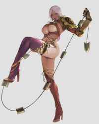 Rule 34 | 1girl, bad id, bad pixiv id, blue eyes, breasts, grey background, high heels, isabella valentine, large breasts, legs, leotard, light smile, lipstick, long legs, looking at viewer, makeup, purple legwear, revealing clothes, revision, short hair, simple background, solo, soul calibur, soulcalibur, soulcalibur iv, take no ko (dodon), thighs, underboob, very short hair, weapon, whip sword, white hair
