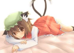 Rule 34 | 1girl, alexer, animal ears, brown eyes, brown hair, cat ears, cat girl, cat tail, chen, female focus, hat, light rays, looking at viewer, lying, multiple tails, on stomach, sakurea, short hair, smile, solo, sunbeam, sunlight, tail, touhou