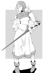 Rule 34 | 1girl, breasts, closed mouth, curly hair, dragon quest, dragon quest ii, dress, greyscale, hood, kamishakujii (poppenheim), long hair, long sleeves, looking at viewer, monochrome, princess of moonbrook, simple background, solo, square enix, staff, weapon, white background