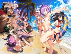 Rule 34 | 10s, 1boy, 6+girls, animal, animal ears, armpits, ass, asterios (fate), barefoot, beach, bikini, black hair, blonde hair, blue eyes, blue sky, breasts, cloud, covered erect nipples, day, ears through headwear, elizabeth bathory (brave) (fate), elizabeth bathory (fate), elizabeth bathory (fate/extra ccc), euryale (fate), fate/apocrypha, fate/extra, fate/extra ccc, fate/grand order, fate (series), fox ears, fox tail, frilled bikini, frills, groin, hair over one eye, hairband, hat, headpiece, holding, holding weapon, horns, innertube, itou ben, jeanne d&#039;arc (fate), jeanne d&#039;arc (ruler) (fate), jeanne d&#039;arc alter (avenger) (fate), jeanne d&#039;arc alter (fate), large breasts, leaning forward, long hair, looking at viewer, looking to the side, mash kyrielight, mash kyrielight (swimsuit of perpetual summer), medium breasts, multiple girls, navel, nipple slip, nipples, ocean, official alternate costume, open mouth, outdoors, outstretched arm, palm tree, pink hair, platinum blonde hair, purple eyes, purple hair, red eyes, sand, scathach (fate), scathach (fate/grand order), scathach (swimsuit assassin) (fate), short hair, sitting, sky, small breasts, smile, squatting, standing, standing on one leg, swim ring, swimsuit, tail, tamamo (fate), tamamo no mae (fate/extra), tamamo no mae (swimsuit lancer) (fate), tohsaka rin, tree, twintails, v, water, weapon, white hair, yellow eyes