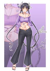 Rule 34 | 1girl, absurdres, alternate costume, alternate hairstyle, black footwear, black hair, black pants, blush, braid, breasts, butterfly hair ornament, commentary request, constricted pupils, crop top, demon girl, demon horns, demon tail, earrings, full body, gradient background, grin, hair ornament, highres, horns, jewelry, kojo anna, long hair, long sleeves, looking at viewer, medium bangs, medium breasts, midriff, multicolored hair, multiple earrings, nanashi inc., navel, navel piercing, necklace, off-shoulder shirt, off shoulder, outline, pants, piercing, pointy ears, purple background, purple hair, purple shirt, robou no stone, sandals, shirt, shoulder tattoo, smile, solo, spread navel, standing, tail, tattoo, toes, twin braids, twintails, two-tone hair, very long hair, virtual youtuber, white background, white outline, yellow eyes, zoom layer