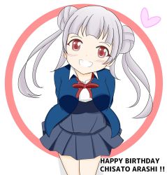 Rule 34 | 1girl, arashi chisato, arms behind back, artist name, artist request, bare legs, belt, blue cardigan, blue jacket, blush, bow, bowtie, breasts, buttons, cardigan, collared shirt, cropped jacket, double bun, dress, dress shirt, female focus, floating hair, grey belt, grey shirt, grey skirt, hair bun, hair tie, heart, heart (symbol), highres, jacket, leaning forward, long hair, long sleeves, looking at viewer, love live!, love live! superstar!!, miniskirt, neck ribbon, o-ring, o-ring belt, parted lips, plaid, plaid skirt, pleated, pleated skirt, red bow, red eyes, red ribbon, ribbon, school uniform, shirt, skirt, small breasts, smile, solo, teeth, twintails, wavy hair, white background, white hair, white shirt, wing collar, yuigaoka school uniform
