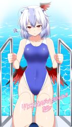 Rule 34 | 2girls, absurdres, ahoge, bird wings, black wings, blue hair, blue one-piece swimsuit, breasts, closed mouth, collarbone, commentary request, commission, covered navel, feathered wings, grey hair, highleg, highleg swimsuit, highres, horns, looking at viewer, multiple girls, one-piece swimsuit, red eyes, red wings, rise (rise19851203), scribble, short hair, skeb commission, small breasts, swimsuit, tokiko (touhou), touhou, translation request, upper body, wading pool, water, wings