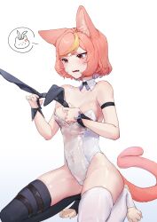 Rule 34 | 1girl, anger vein, animal ear fluff, animal ears, animal feet, asymmetrical legwear, bare shoulders, blonde hair, breasts, cat ears, cat tail, detached collar, fake animal ears, fangs, hairband, highres, holding hairband, leotard, lingxia, medium breasts, mismatched legwear, multicolored hair, open mouth, original, pink eyes, pink hair, short hair, simple background, solo, spoken expression, stirrup legwear, strapless, strapless leotard, streaked hair, tail, thick eyebrows, thighhighs, toeless legwear, unworn hairband, white background, white leotard, wrist cuffs