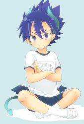 Rule 34 | 1boy, bad id, bad twitter id, blue background, blue eyes, blue hair, blue shorts, blush, crossed arms, demon boy, demon tail, demon wings, dot nose, full body, gym shirt, gym shorts, gym uniform, hair between eyes, highres, horns, indian style, looking at viewer, low wings, male focus, mini wings, pocchipocchi, pointy ears, pop-up story, purple eyes, shirt, shoes, short hair, short sleeves, shorts, simple background, sitting, smile, socks, solo, tail, tsurime, uwabaki, white footwear, white shirt, white socks, wings, ziz glover