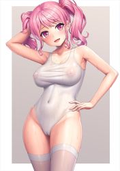 Rule 34 | 1girl, :d, arm up, armpits, bang dream!, bare arms, bare shoulders, blush, border, bow, breasts, cameltoe, cleavage, cleft of venus, collarbone, commentary, contrapposto, covered erect nipples, covered navel, cowboy shot, fingernails, gradient background, grey background, groin, hair bow, hand in own hair, hand on own hip, head tilt, lambda (kusowarota), large breasts, looking at viewer, maruyama aya, medium hair, new school swimsuit, nipples, one-piece swimsuit, open mouth, outside border, pink eyes, pink hair, red bow, school swimsuit, see-through, sidelocks, smile, solo, standing, sweat, swimsuit, thighhighs, thighs, twintails, water drop, wet, wet clothes, wet swimsuit, white border, white one-piece swimsuit, white thighhighs