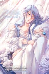 Rule 34 | 1boy, abs, ahoge, bishounen, blue eyes, blue hair, blush, character name, edmond (nu carnival), flower, highres, hisuririi, light blue hair, long hair, long sleeves, looking at viewer, male focus, nu carnival, open clothes, open shirt, pants, parted lips, pectoral cleavage, pectorals, rose, shirt, shirt partially removed, solo, teeth, white flower, white pants, white rose, white shirt