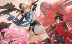 Rule 34 | 2girls, ahoge, architecture, ass, black hair, black legwear, black panties, black scarf, blonde hair, cape, cherry blossoms, crest, duan henglong, east asian architecture, family crest, fate (series), fire, half updo, haori, hat, holding, holding sword, holding weapon, japanese clothes, katana, kimono, koha-ace, long hair, military, military uniform, multiple girls, obi, oda nobunaga (fate), oda nobunaga (koha-ace), okita souji (fate), okita souji (koha-ace), panties, pantyshot, peaked cap, petals, red cape, red eyes, sash, scarf, shinsengumi, short hair, short kimono, skindentation, skull, standing, sword, thighhighs, thighs, underwear, uniform, weapon, yellow eyes