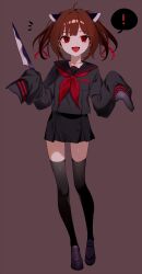 Rule 34 | !, ahoge, alternate hair color, black serafuku, black skirt, black thighhighs, blade, brown background, brown hair, colored tips, commentary, crazy, full body, hands up, headgear, highres, holding, holding knife, knife, loafers, looking at viewer, microskirt, multicolored hair, neckerchief, notice lines, open mouth, red eyes, red hair, red neckerchief, school uniform, serafuku, shoes, simple background, skirt, sleeves past fingers, sleeves past wrists, smile, spoken exclamation mark, standing, tachi-e, thighhighs, touhoku kiritan, voiceroid, w arms, yodare (3yami8), zettai ryouiki