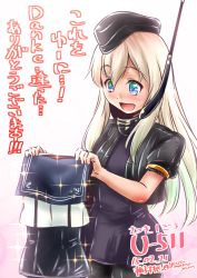 Rule 34 | 10s, 1girl, blonde hair, blue eyes, crop top, dress, garrison cap, happy, hat, holding, holding clothes, kantai collection, long hair, military, military uniform, puffy sleeves, school swimsuit, swimsuit, translation request, u-511 (kancolle), uniform, yuzu momo
