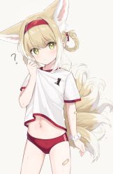 Rule 34 | 1girl, ?, absurdres, animal ear fluff, animal ears, arknights, bandaid, bandaid on arm, bandaid on leg, blush, buruma, closed mouth, clothes lift, commentary request, cowboy shot, extra ears, fox ears, fox girl, fox tail, gachigachi, green eyes, gym shirt, hair rings, hairband, head tilt, highres, lifted by self, looking at viewer, multiple tails, navel, red buruma, red hairband, scrunchie, shirt, shirt lift, short hair, short sleeves, solo, suzuran (arknights), sweat, sweatdrop, tail, wiping sweat, wrist scrunchie