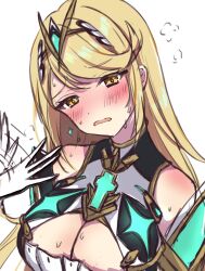 Rule 34 | 1girl, bare shoulders, blonde hair, blush, breasts, chest jewel, cleavage, cleavage cutout, clothing cutout, drop earrings, earrings, elbow gloves, fanning face, gloves, highres, jewelry, large breasts, long hair, mythra (xenoblade), norimaki (nrmk norinori), solo, sweat, swept bangs, tiara, very long hair, white gloves, xenoblade chronicles (series), xenoblade chronicles 2, yellow eyes