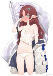 Rule 34 | 1girl, ahoge, arknights, blush, breast slip, breasts, cokuto1, collarbone, cowboy shot, crop top, cropped legs, ear piercing, flag, full-face blush, green eyes, groin, jacket, long hair, looking at viewer, midriff, myrtle (arknights), navel, nipples, off shoulder, open clothes, open jacket, panties, piercing, pointy ears, red hair, rubbing eyes, simple background, small breasts, smile, solo, strap slip, tank top, tears, underwear, white background, white flag, white jacket, white panties, white tank top