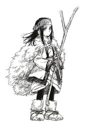 Rule 34 | 1girl, ainu, asirpa, expressionless, full body, gloves, golden kamuy, greyscale, haruki chise, headband, highres, holding, holding stick, looking at viewer, monochrome, solo, standing, stick, white background