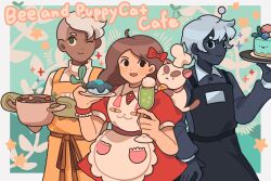 Rule 34 | 1girl, 2boys, ahoge, alternate costume, animal, animal on shoulder, animal print, antennae, apron, astrosleep, asymmetrical hair, bee (bee and puppycat), bee and puppycat, belt, black apron, black eyes, blue background, blue shirt, blue skin, blue sleeves, border, bow, brown belt, brown hair, brown ribbon, bubble, buttons, cake, cardamon, cat, cat on shoulder, cat print, closed mouth, collar, collared dress, collared shirt, colored skin, commentary, copyright name, cowboy shot, cup, dark-skinned male, dark skin, deckard wizard, dress, drink, drinking glass, english commentary, enmaided, food, food request, frilled apron, frills, furrowed brow, green eyes, green mittens, hair bow, highres, holding, holding drink, holding plate, holding tray, lace trim, leaf, long hair, long sleeves, looking at viewer, maid, mittens, multiple boys, one eye closed, open mouth, outside border, oven mitts, plate, pocket, puffy short sleeves, puffy sleeves, puppycat, red bow, red dress, red sleeves, ribbon, shirt, short dress, short hair, short sleeves, smile, soda, sparkle, star (symbol), sweatdrop, tray, turtleneck, turtleneck shirt, very short hair, waist ribbon, white apron, white border, white collar, white hair, white shirt, white sleeves, wine glass, yellow apron