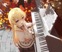 Rule 34 | 1girl, autumn leaves, blonde hair, brown dress, dress, fortissimo, hair ornament, hair ribbon, highres, hololive, hololive dev is, instrument, jacket, looking at viewer, mummemmim, music, musical note, musical note hair ornament, otonose kanade, piano keys, playing instrument, playing piano, red eyes, red ribbon, ribbon, sheet music, smile, solo, virtual youtuber, white jacket