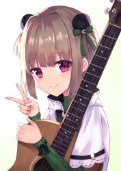 Rule 34 | 1girl, bow, brown hair, green bow, guitar, hair bow, hair ornament, harvest moon (youtube), highres, instrument, long sleeves, looking at viewer, masaki (msk064), red eyes, short hair, simple background, smile, tsukinowa noa, upper body, v, virtual youtuber, white background