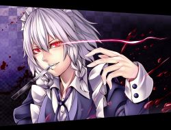 Rule 34 | 1girl, braid, checkered background, female focus, glowing, glowing eyes, highres, izayoi sakuya, knife, letterboxed, light trail, maid, maid headdress, mouth hold, nue0192, red eyes, silver hair, solo, touhou, twin braids