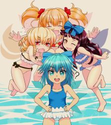 Rule 34 | &gt;:d, 4girls, :d, :o, ;d, ?, ^ ^, barefoot, bikini, blonde hair, blue eyes, blue hair, blunt bangs, blush, bow, bow bikini, casual one-piece swimsuit, chestnut mouth, child, cirno, closed eyes, drill hair, fang, flat chest, flying, flying sweatdrops, frilled swimsuit, frills, hair bow, hands on own hips, happy, ice, ice wings, ishikkoro, leaning forward, leg lift, long hair, looking at viewer, luna child, multiple girls, navel, ocean, one-piece swimsuit, one eye closed, open mouth, orange hair, outdoors, outstretched arms, purple hair, red eyes, short hair, short twintails, smile, spread arms, standing, star sapphire, sunny milk, swimsuit, tankini, touhou, twintails, v-shaped eyebrows, water, wings, yellow eyes