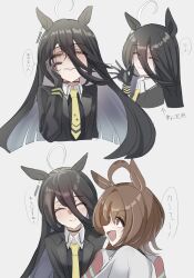 2girls agnes_tachyon_(umamusume) ahoge animal_ears black_choker black_coat black_gloves black_hair black_shirt blush brown_hair buckwheat638478 choker closed_eyes closed_mouth coat collared_shirt ear_tag earrings gloves hair_between_eyes half-closed_eyes hand_on_own_face hand_up highres horse_ears horse_girl huge_ahoge jewelry lab_coat long_bangs long_hair long_hair_between_eyes long_sleeves looking_at_another looking_at_viewer manhattan_cafe_(umamusume) medium_hair multicolored_hair multiple_girls necktie open_clothes open_coat open_mouth red_eyes shirt simple_background single_earring sleeves_past_fingers sleeves_past_wrists smile speech_bubble translation_request umamusume very_long_hair waving white_background white_hair yandere_trance yellow_eyes yellow_necktie