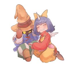 Rule 34 | 1boy, 1girl, adjusting clothes, adjusting headwear, baggy pants, black mage (final fantasy), blue coat, blue hair, blush, bob cut, bodysuit, boots, bow, brown footwear, brown gloves, brown headwear, closed eyes, coat, eiko carol, final fantasy, final fantasy ix, gloves, grin, hair bow, hat, highres, horns, kneeling, mini wings, pants, pink bodysuit, pink sweater, short hair, single horn, sitting, smile, striped clothes, striped pants, sweater, tasituma2, teeth, turtleneck, turtleneck sweater, vivi ornitier, white background, wings, wizard hat, yellow bow, yellow eyes, yellow overalls