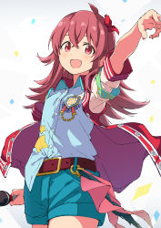 Rule 34 | 1girl, absurdres, ahoge, arm up, belt, collared shirt, commentary request, confetti, cowboy shot, hair ornament, highres, holding, holding microphone, idolmaster, idolmaster shiny colors, jacket, komiya kaho, long hair, looking at viewer, microphone, open clothes, open jacket, open mouth, pink eyes, pointing, rauto, red hair, shirt, short sleeves, shorts, solo, white background