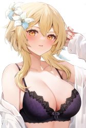 Rule 34 | 1girl, absurdres, bare shoulders, blonde hair, blush, bow, bow bra, bra, breasts, buttons, cleavage, collarbone, commentary, fingernails, flower, genshin impact, hair flower, hair ornament, hand up, highres, karacak, looking at viewer, lumine (genshin impact), medium breasts, off shoulder, open mouth, shirt, short hair, simple background, solo, underwear, upper body, white background, white shirt, yellow eyes