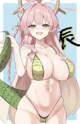 Rule 34 | 1girl, absurdres, bare arms, bare legs, bare shoulders, bikini, blue archive, blush, breasts, chinese zodiac, cleavage, collarbone, cowboy shot, dragon horns, dragon tail, fangs, gluteal fold, green bikini, green eyes, groin, hair between eyes, halo, hanako (blue archive), highres, horns, large breasts, long hair, looking at viewer, open mouth, pink hair, pink halo, smile, solo, swimsuit, tail, wimawi, year of the dragon