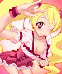 Rule 34 | 1girl, \m/, bent over, blonde hair, blush, bodai, breasts, cure peach, earrings, female focus, flashing, fresh precure!, frills, jewelry, long hair, magical girl, momozono love, nipples, one eye closed, parody, pink eyes, precure, seikan hikou, small breasts, solo, standing, tongue, twintails, very long hair, wink